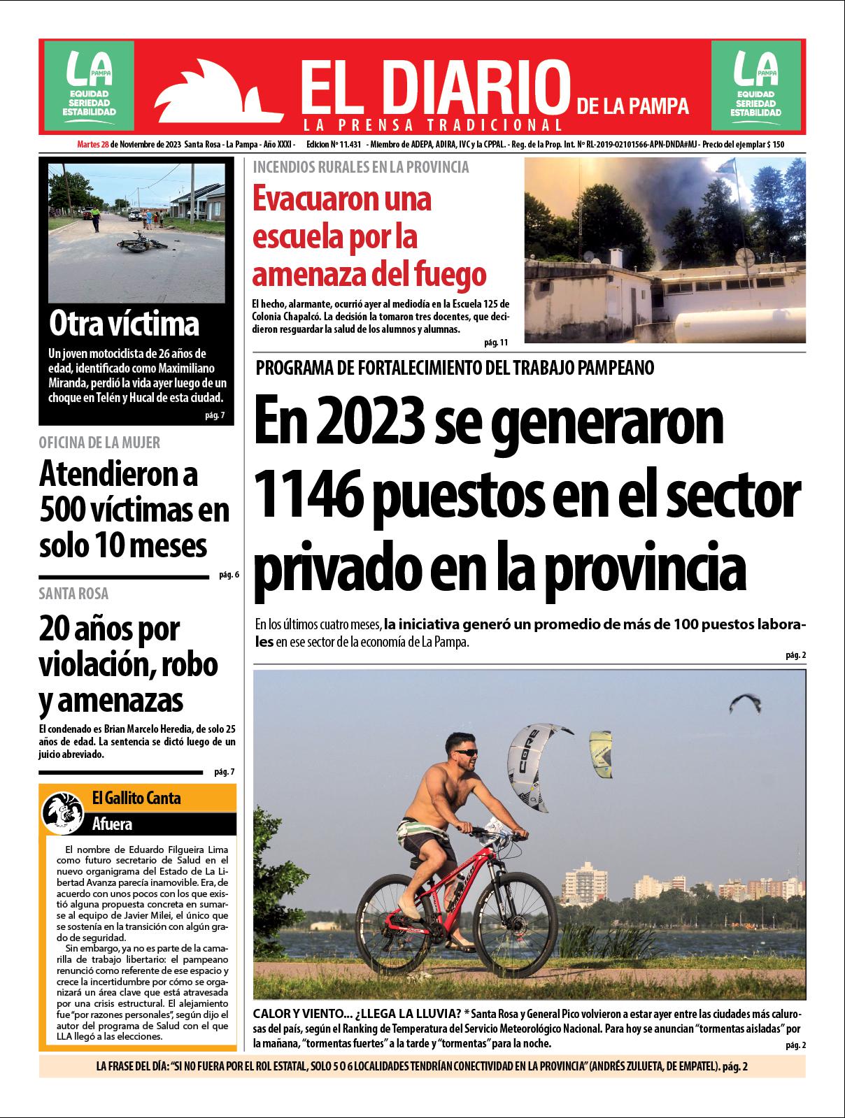 Tapa de El Diario en papel  martes 28 de noviembre de 2023